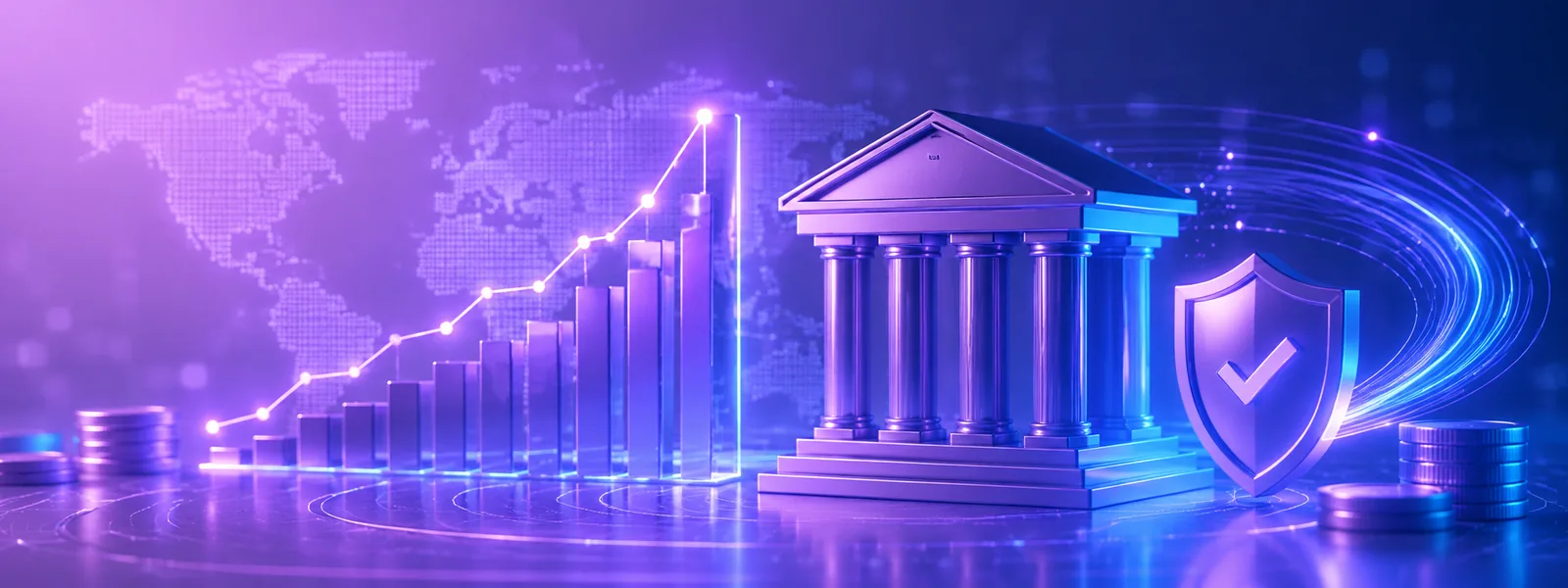 A bank building between a rising bar chart and a security shield, over a world map