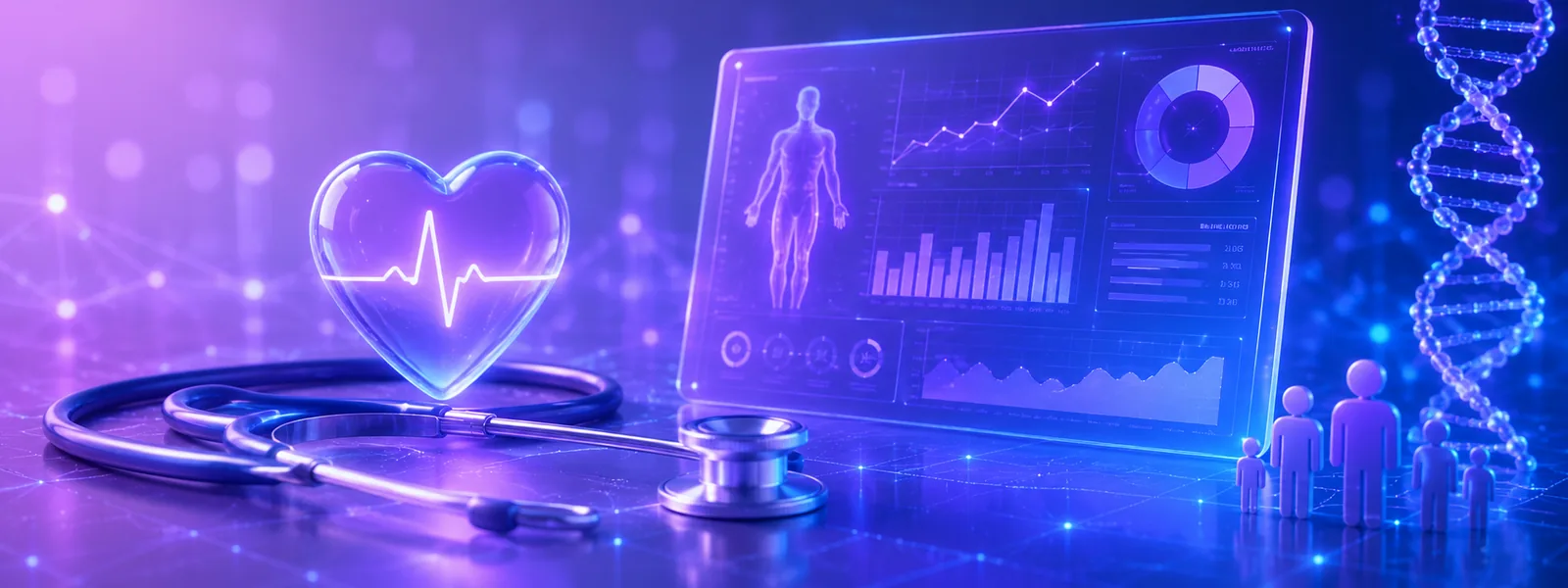 A stethoscope and heart-rate trace beside a patient dashboard and a DNA helix