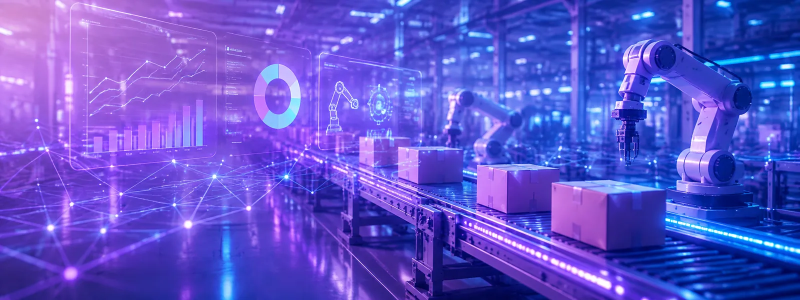 Robotic arms working a packing line in a plant, with throughput charts overlaid