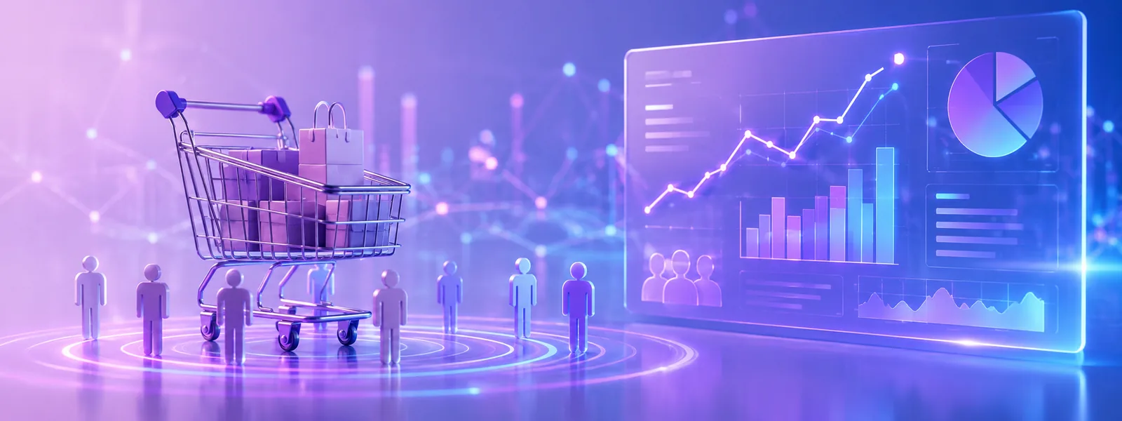A shopping trolley and a group of shoppers beside a dashboard of sales trends and category mix
