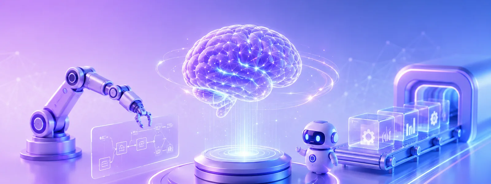 A robotic arm and a small AI assistant either side of an automated line, under a neural core