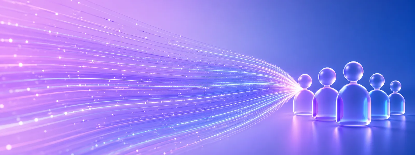 Many streams of light converging to a single point in front of a group of figures