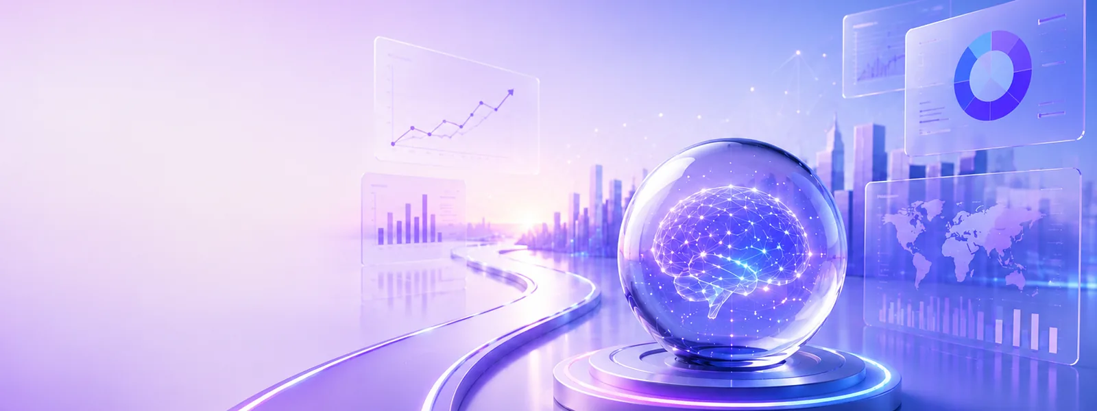 A glowing brain inside a glass sphere beside a road leading toward a city skyline