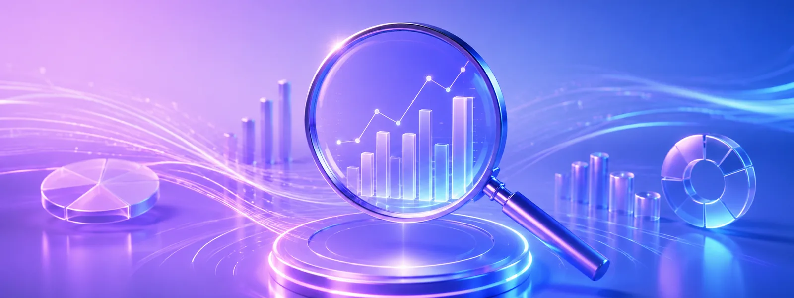 A magnifying glass enlarging a rising bar chart, with further charts around it