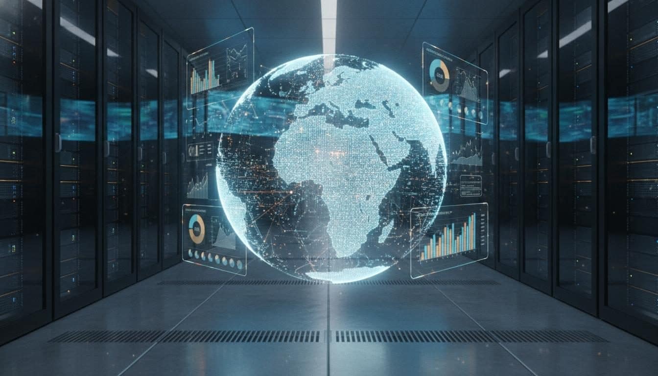 Data centre with a globe of live data and dashboards suspended above the floor