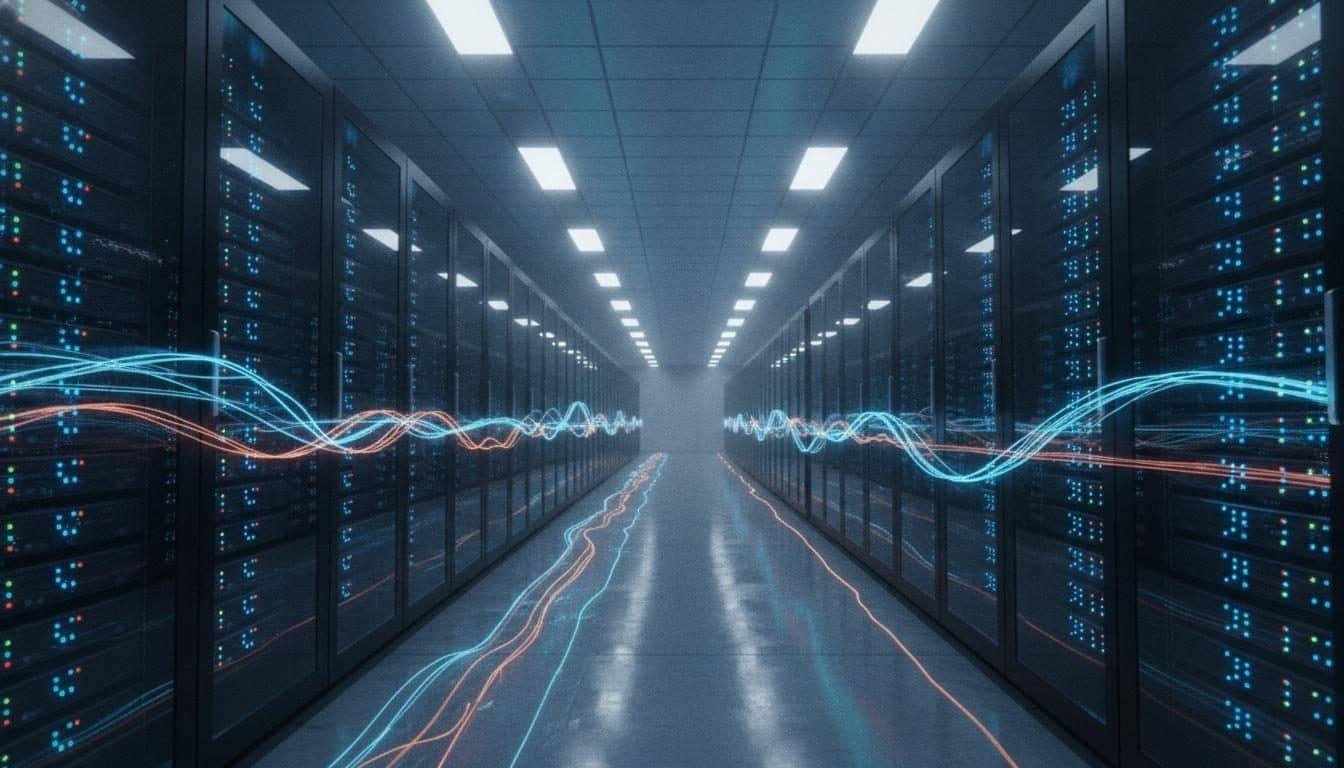 Data centre aisle with streams of traffic flowing along the racks