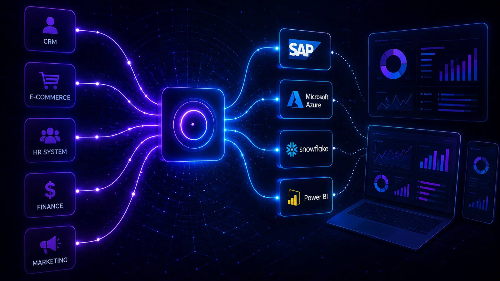 CRM, e-commerce, HR, finance and marketing systems feeding one platform, then into dashboards