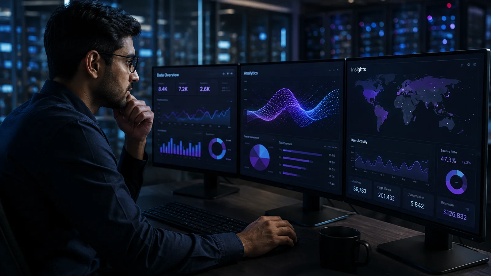 An analyst studying three dashboards of performance, activity and geography